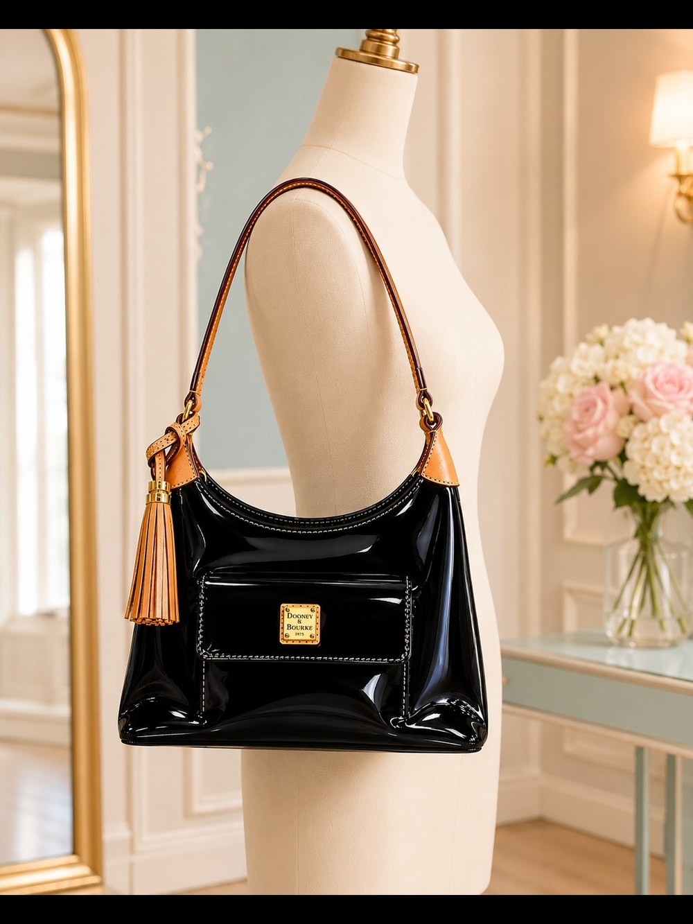 Dooney & Bourke Black Patent Leather Small Hobo with Tan Tassel - Picture 5 of 13